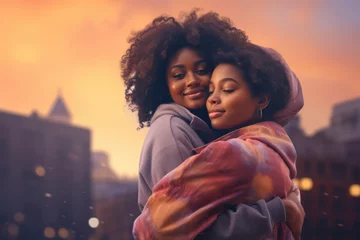 Foto op Aluminium Two women with naturally curly hair share a warm embrace amidst a cityscape. Fictional characters created by Generated AI. © shelbys