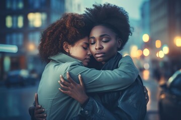 Two women with curly hair standing next to each other, hugging each other at night.. Fictional characters created by Generated AI.