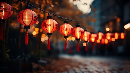 Chinese New year red paper latern decoration with lights on the street