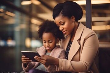 A mother and daughter using a tablet together. Fictional characters created by Generated AI.