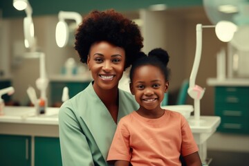 A Mother and Daughter Visit the Dentist Together. Fictional characters created by Generated AI.