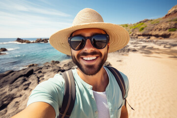A young man with a backpack, a hat and sunglasses takes a selfie on the rocky coast. A tourist on vacation. - obrazy, fototapety, plakaty