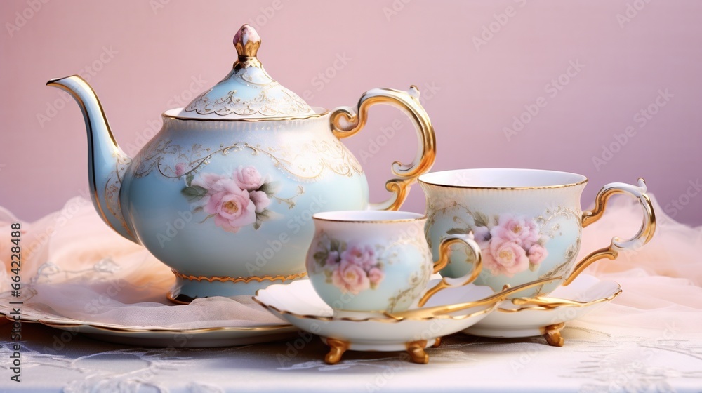 Poster a tea set on a table with a pink background and a white tablecloth. generative ai