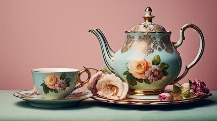  a tea set with a tea pot and a cup on a saucer.  generative ai