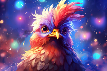 a chicken with a background of stars and colorful clouds