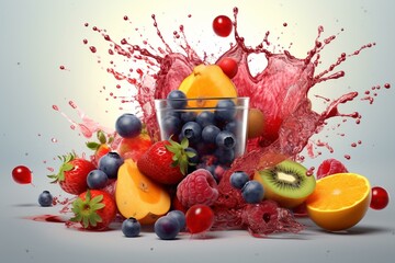 Refreshing fruit juice mix with splashes of orange, blackberry, strawberry, pineapple, blueberry, and cherry. Forest fruit-infused 3D splash. Generative AI