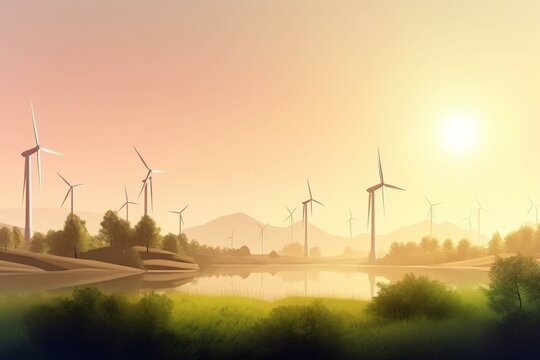 Environmentally friendly green energy production with windmills in an ecological park. Generative AI