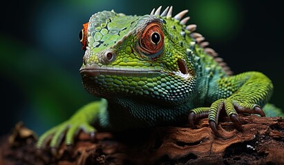 Fototapeta premium A green lizard on top of a log in front of a dark background. Created with Generative Ai technology.