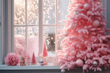 an unusual pink tree with pink branches and Christmas decorations stands near a large window, Christmas background, screensaver, postcard