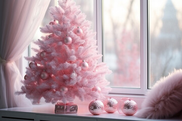 an unusual pink tree with pink branches and Christmas decorations stands near a large window, Christmas background, screensaver, postcard