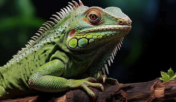 A green lizard on top of a log in front of a dark background. Created with Generative Ai technology.