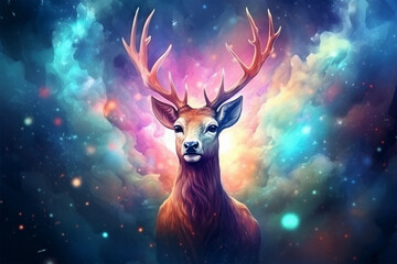 a deer with a background of stars and colorful clouds