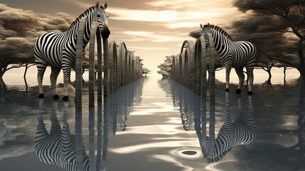 Fototapeta na wymiar a couple of zebra standing next to each other on a field. generative ai