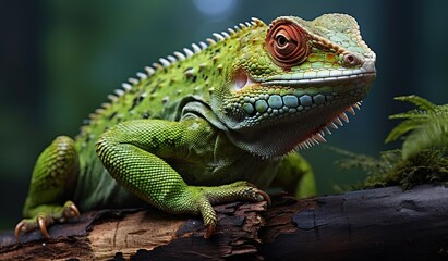 Naklejka premium A green lizard on top of a log in front of a dark background. Created with Generative Ai technology.
