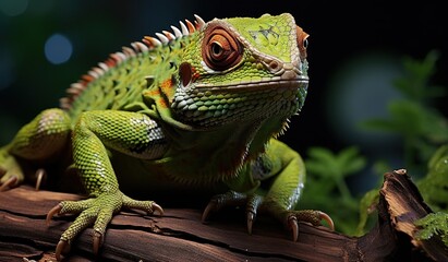 Obraz premium A green lizard on top of a log in front of a dark background. Created with Generative Ai technology.