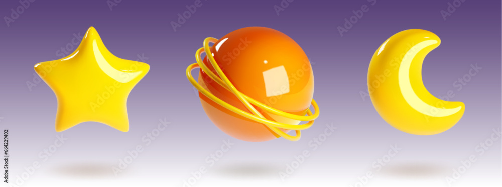 Poster 3d render planet, star and crescent game vector element. realistic universe icon set for metaverse g