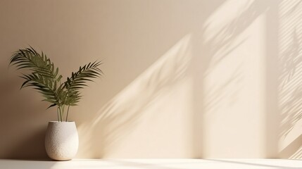 Minimalistic abstract gentle light beige background for product presentation with light andand intricate shadow from the window and vegetation on wall - obrazy, fototapety, plakaty