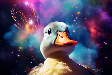 a duck with a background of stars and colorful clouds