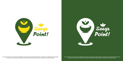 Soup point logo design illustration. Silhouette of food stall culinary cooking local traditional soup point map navigation restaurant cafe dinner. Simple flat icon minimalist modern creative subtle.