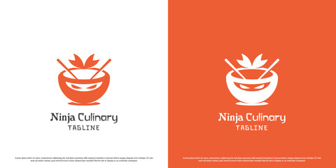 Asian culinary logo design illustration. Shadow silhouette of ninja japan mascot bowl chopsticks culinary food traditional cooking stall restaurant local cafe. Minimalist simple modern flat icon.