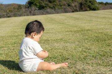 Fototapeta na wymiar 芝生の公園で座る赤ちゃんの後ろ姿（男の子、0歳、生後10カ月、日本人）