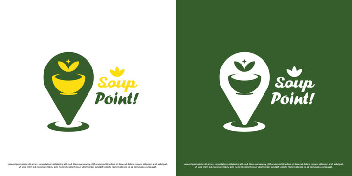 Soup point logo design illustration. Silhouette of food stall culinary cooking local traditional soup point map navigation restaurant cafe dinner. Simple flat icon minimalist modern creative subtle.