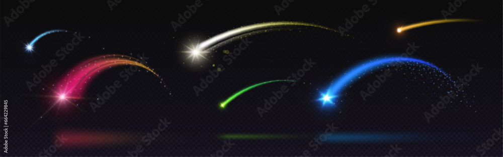 Poster trace of shooting star in form of arch. realistic vector illustration of various colors falling mete