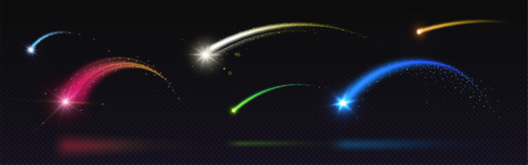 Trace of shooting star in form of arch. Realistic vector illustration of various colors falling meteor with arc glowing trail with sparkles. Flying space object or magic wand light trail with glitter. © klyaksun
