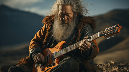 Mongolian plays rock on guitar against the backdrop of the steppe and mountains use traditional music elements from Mongolia