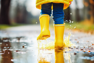 Feet of child in yellow rubber boots jumping over puddles in rain. Happy child.