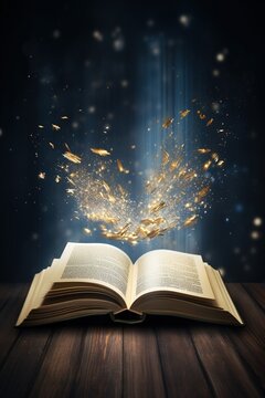 Open book with flying pages and rays of light on dark background