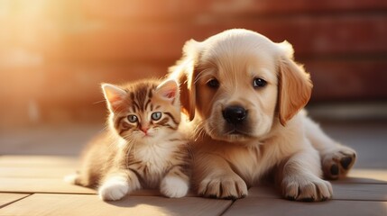 Photography of A cute kitten with a cute puppy - obrazy, fototapety, plakaty