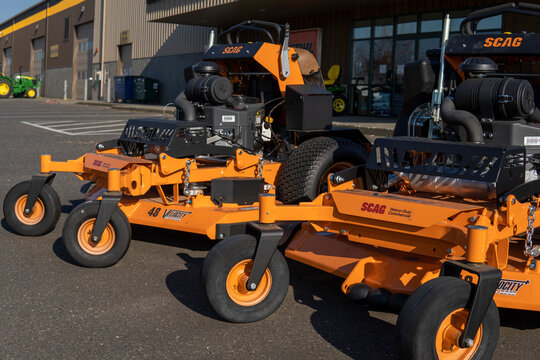 Scag V-ride 48 Stand on mowers outdoors at sunny days. Lynden, WA, USA - 13 November 2022