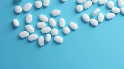 Top view white medicine tablets antibiotic pills on a soft blue background, copy space, Pharmacy theme.