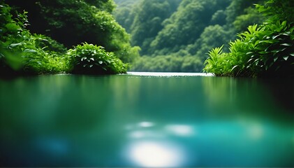 River in the forest. Vibrant patchwork of lush green vegetation and pristine blue water merging seamlessly, forming an abstract yet harmonious representation of environmental protection
