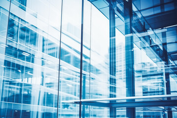 Modern business center in glass bottom up shot. Blue urban environment.