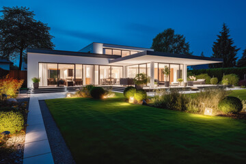 Modern house with garden at night. Green garden on left. Modern open space architecture of house and front lawn.