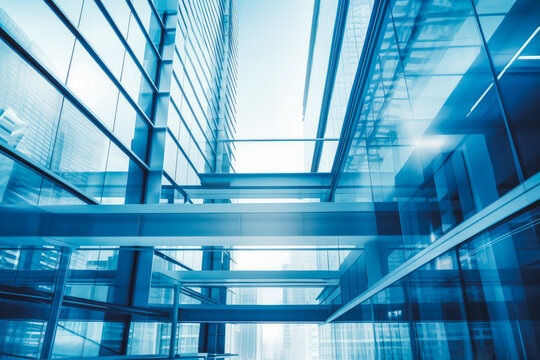 Modern business center in glass bottom up shot. Blue urban environment.