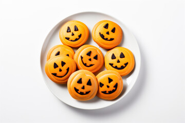 Top Down Photograph, Halloween Jack O' Lantern Cookies Isolated on a White Background, Generative AI