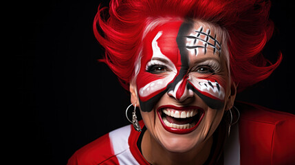 Senior woman having fun with face art. Soccer, football, rugby, hockey team fan, sport event, face paint and patriotism concept. Studio shot copy space