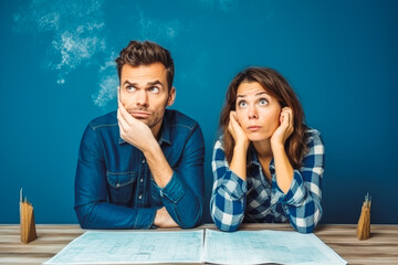 Young happy family married couple dreaming of renovating their house. Happy couple thinking about renovating.