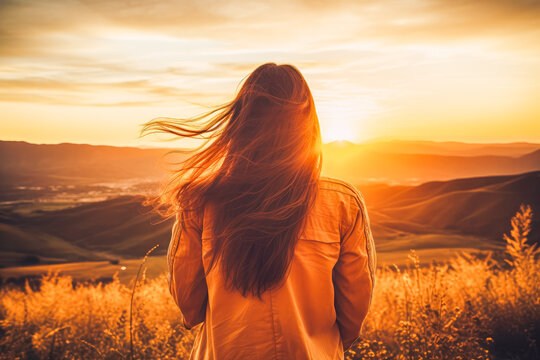 Happy woman standing with arms in the air looking at sunset. Carefree woman watching sunset in nature.