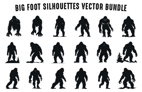 Bigfoot Vector Silhouettes Clipart Bundle, A Set of Yeti vector illustrations and black silhouettes of Bigfoot for t-shirt design