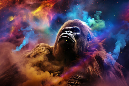 a gorilla with a background of stars and colorful clouds