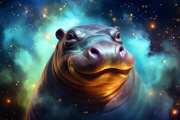 Obraz na płótnie Canvas a hippo with a background of colorful stars and clouds