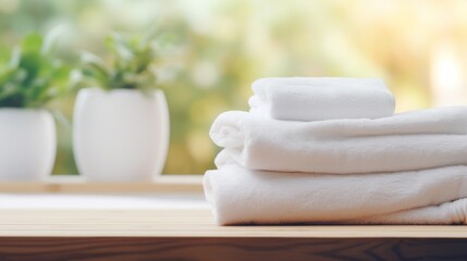 White clean towels on the wooden table in the bathroom.