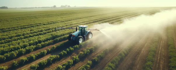 Rolgordijnen Aerial View Of Tractor Spraying Pesticides On Soybean Plantation © Anastasiia