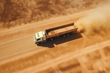 Aerial View Of Cargo Truck Transporting Grain On Dirt Road
