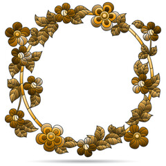 Illustration in stained glass style with flower wreath, flower frame isolated on a white background, tone brown