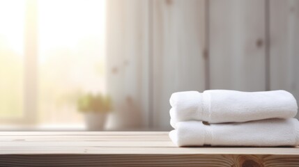 Fototapeta na wymiar White clean towels on the wooden table in the bathroom.